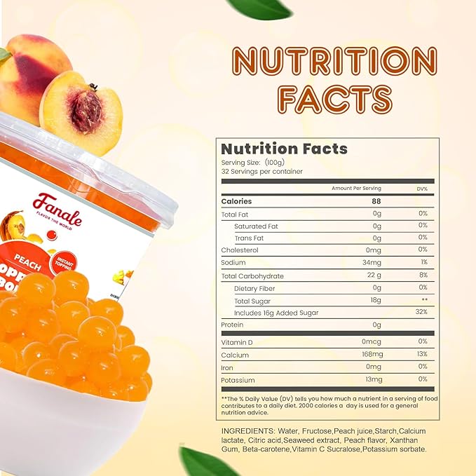 Fanale Peach Popping Boba Pearls, Vegan, Non GMO, Gluten Free, Fat Free, Perfect for Bubble Tea, Smoothies, Ice Cream, Desserts, and Beverages.
