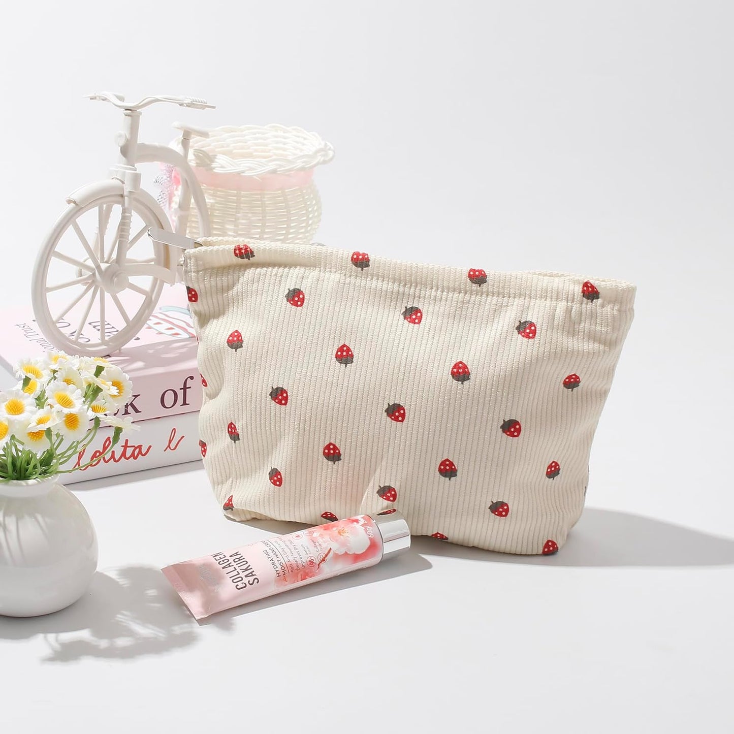 Cosmetic Bags for Women - Corduroy Cosmetic Bag Aesthetic Women Handbags Purses Smile Dots Makeup Organizer Storage Makeup Bag Girls Case Bags (Flowers-Beige strawberry)