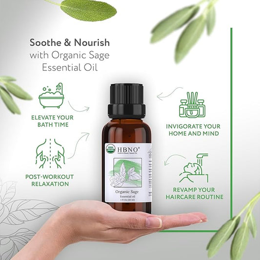 HBNO Organic Sage Essential Oil - 1 oz (30ml) - USDA Certified Organic Sage Essential Oil for Aromatherapy, Soap Making, DIY, Fragrances, Diffuser.