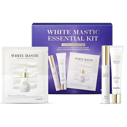 MASTINA White Mastic Essential Skin Care Set- Cream, Ampoule Massager Roller Stick & Sheet Mask Set for Skin Care. Korean Skin Care. Vegan Collagen, Beta-Glucan