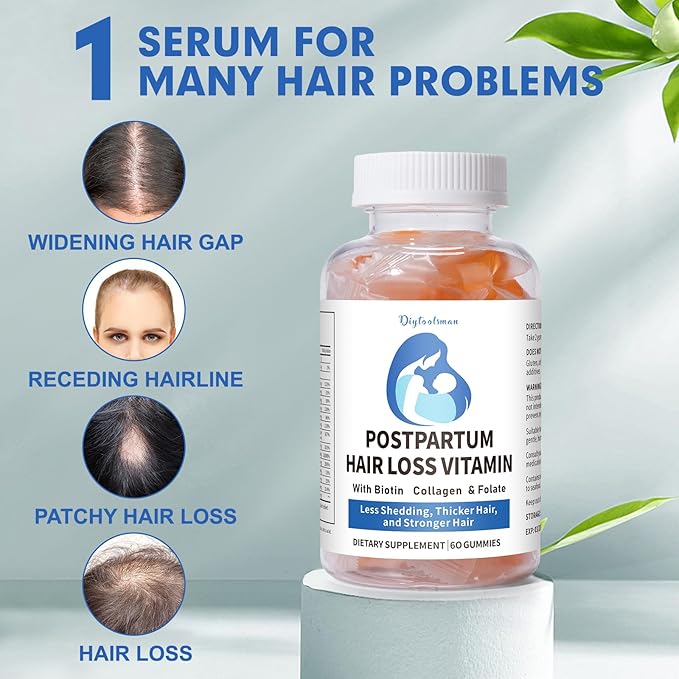 Postpartum Hair Loss Vitamin, Vegan Gummies with Biotin, Collagen, & Folate, Postpartum Hair Loss Products for Less Shedding, Thicker Hair, Stronger Hair, Breastfeeding-Friendly, 60 Gummies