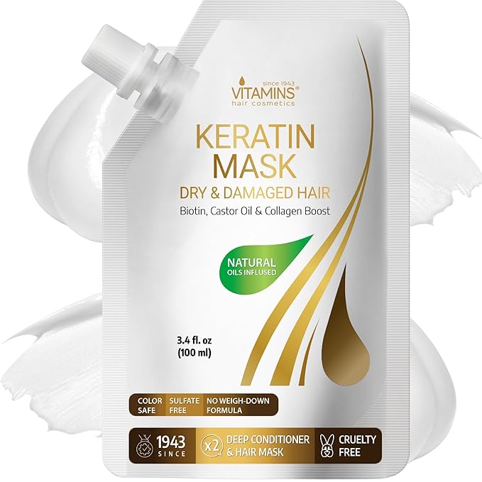 VITAMINS hair cosmetics Keratin Hair Mask - Deep Repair Conditioner with Biotin & Castor Oil - For Damaged, Dry, Curly, Straight, Thin & Fine Hair - Intense Collagen Protein Treatment