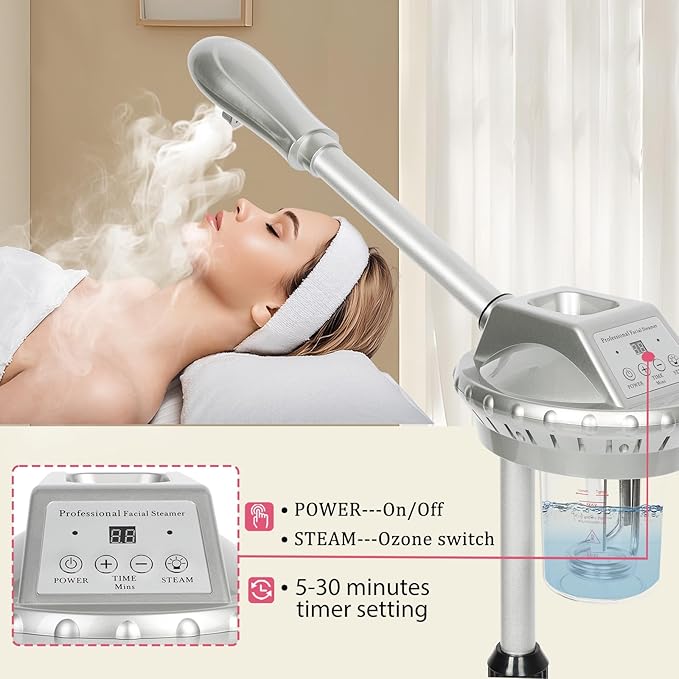 Facial Steamer Professional,Face Steamer for Estheticians with Hot Mist & Timer Function,Height Adjustable Vaporizador Facial Steamr on Wheels