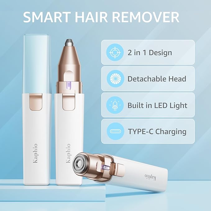 Facial Hair Removal for Women: 2 in 1 Electric Hair Removal Device for Chin Upper Lip Peach Fuzz & Rechargeable Eyebrow Trimmer for Shape Brows with Light (Blue)