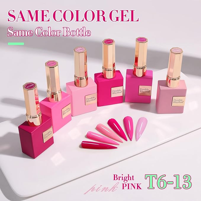 Double Rhythm 6 Pcs 15 ML Gel Polish Set Same Color Same Bottle Soak Off Gel Polish Kit Nail Art Manicure Salon DIY at Home for Women (Bright Neon Light Pink Purple-T6-13)