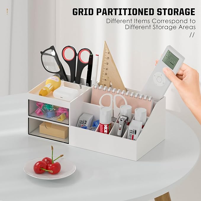 Subsky Makeup Organizer with Drawers, Easy Storage for Beauty Products Brushes, Multifunction Plastic Desk Organizer, Cosmetics Organizer for Countertop Dresser Vanity and Bathroom (White)