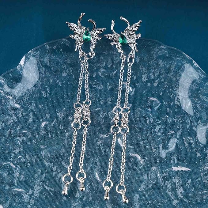 Vintage Emerald Butterfly Earrings Silver Chain Tassel Drop Earrings Butterfly Emerald Stud Earings Long Cz Chain Earrings Jewelry for Women and Girls