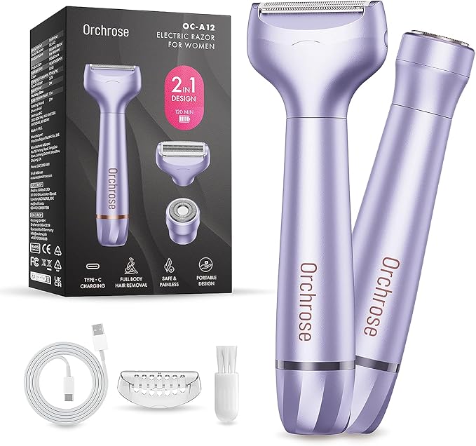 Electric Razor for Women Body: Rechargeable Painless Electric Shaver for Bikini Face Body Legs Underarms - 3-in-1 Blade and Rotary Shaving Head (Purple)