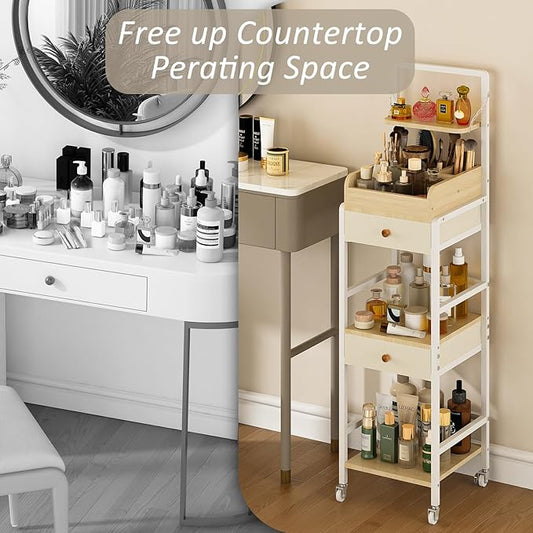Wisdom Star Makeup Organizer Cart with 2 Drawers, Floor Skincare Organizers, Makeup Storage, Vanity Organizer, Cosmetics Display, Versatile Skin care Perfume Nail Polish Storage Rack for Bathroom