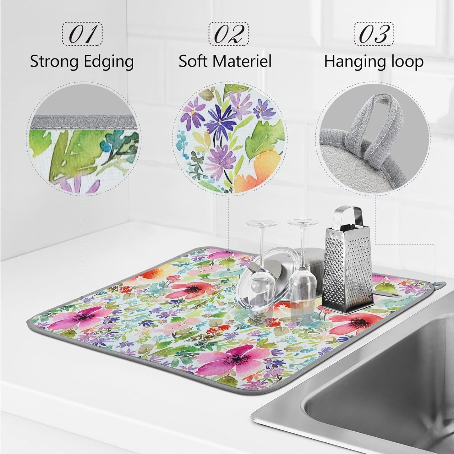 SHIYUE Dish Drying Mat for Kitchen Counter Super Absorbent Spring Kitchen Decor Microfiber Drying Matainers Rack Fast Pad Dish Drainer Mats(Watercolor Floral,18''x24'')