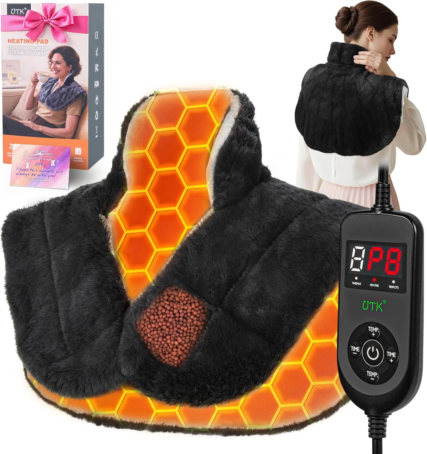 30S Fast Heating Pad for Neck and Shoulders, 6X Deeper Pain Relief, Weighted Far Infrared Heat pad, 24"X20" Extra Large, Faux Rabbit Fur Fabric, 4H Auto Off,Memory Function, Gifts for Birthday