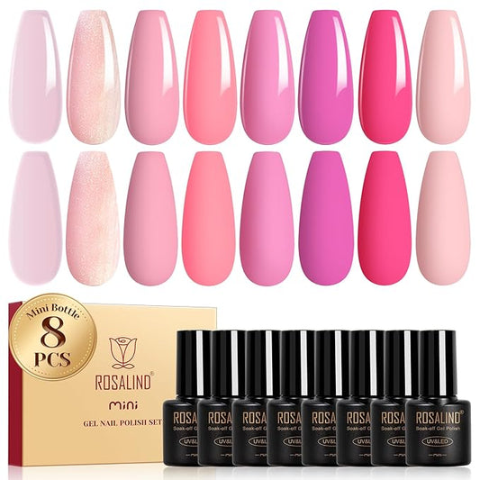 ROSALIND Pink Gel Polish, 8 Colors Hot Pink Light Pink Neon Pink Gel Nail Polish Set Pink Shades Pink Valentine Gel Polish Collection Nail Art Gift DIY at Home