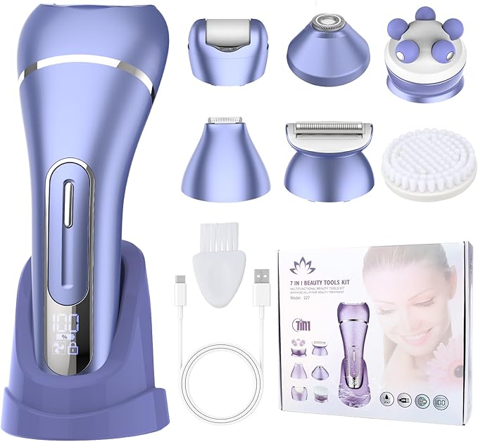 Epilator for Women, 7 in 1 Hair Removal for Women, Body Shaver, Bikini Trimmer, Face Razor, Facial Brush, Face Massage, Foot Callus Remover, IPX7 Waterproof Electric Shavers, Ideal Female Gift
