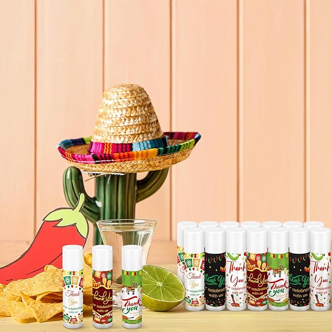 Dunzy 50 Pcs Thank You Gift Lip Balm Bulk Baby Shower Party Favors Bridal Shower Favor Lip Care with Assorted Fruit Flavors Thank You Lipstick for Guest Basket Gift Stuffer (Mexico Party)