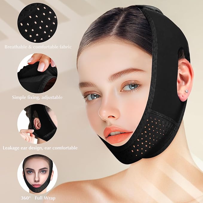 Reusable V Line Lifting Mask with Chin Strap, V Shaped Face Mask for Sagging, Jaw Exerciser (Black)