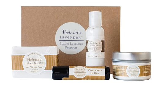 Victoria's Lavender Natural Body Products Gift Set - Handmade Soap, Hand & Body Lotion, Lip Balm, Body Candle Skin Care Sets & Kits, Lavender Bath and Body Products for Women, Vanilla Lavender