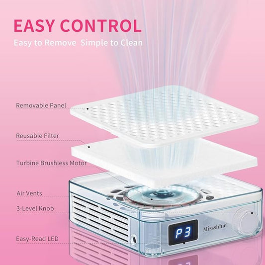 Missshine Nail Dust Collector with Adjustable Suction Power，Mini Vacuum Nail fan Dust Collector With Reusable Filter for Girls