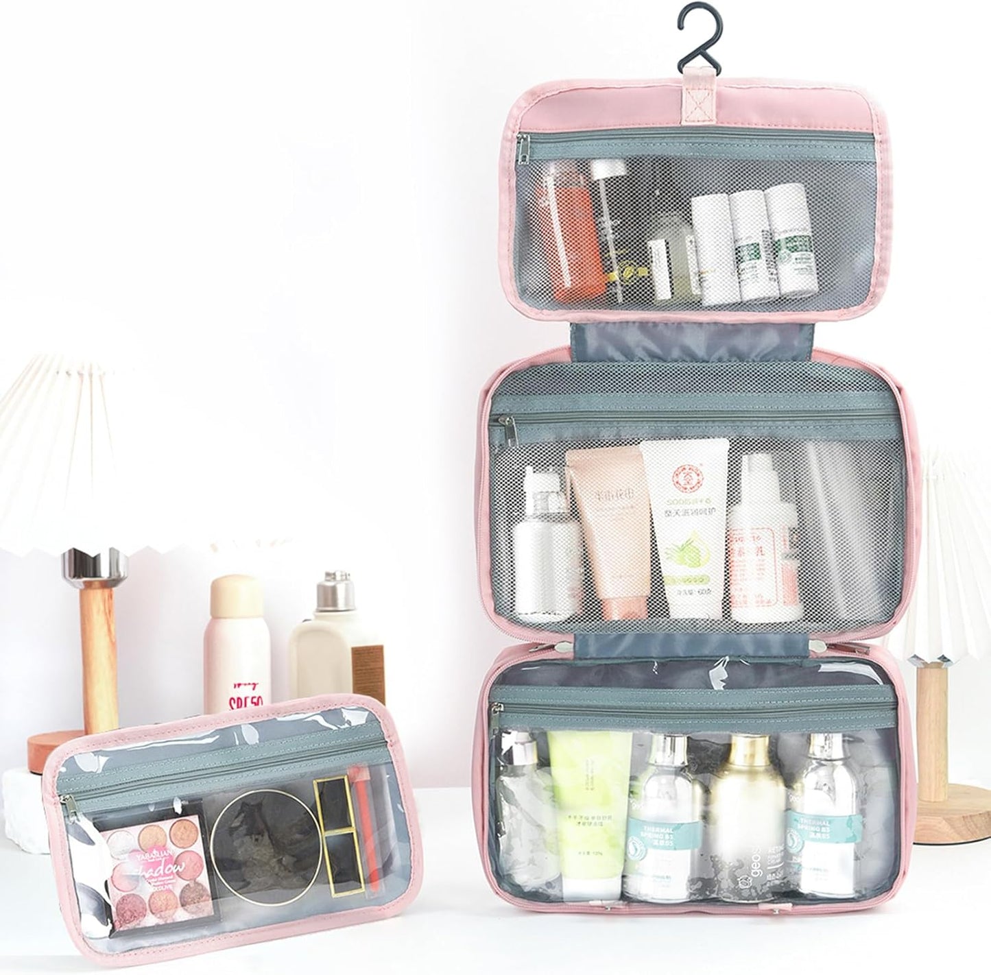 Toiletry Bag for Women Chenille Letter Makeup Bag Water-resistant Cosmetic Bag Travel Bag with Hanging Hook Preppy for Store Toiletries Cosmetic Accessories Large Capacity Light Pink