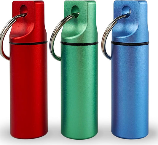 Small Pill Organizer Box Waterproof Keychain Pill Holder Portable Travel Pill Container Metal Case with Keyring for Outdoor Camping Travel