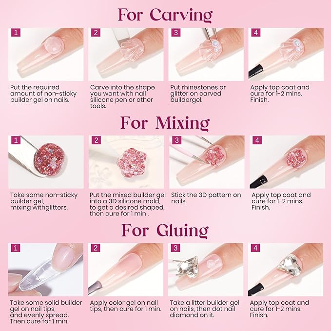 MIZHSE Solid Builder Gel for nails, 3 Colors Sculpting Gel for Nails, Clear White Pink Non-Sticky Hand 3D Nail Art Building Carving Modeling Hard Nail Extension Manicure Salon Home DIY Gift