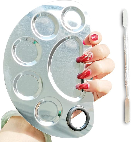 Makeup Palette Stainless Steel Cosmetic Palette 6-well with Spatula Tool for Nail Art Eye Shadow Mixing Foundation Painting Artist Mini Mixing Metal Palette Silver 4.9x3.3inch