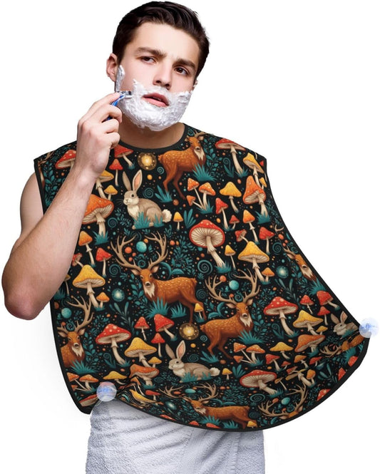 Adjustable Beard Bib, Non-Stick Hair Catcher Cape for Men's Shaving, Waterproof with 2 Suction Cups, Magic Mushrooms Wild Animals Deer Shave Bib