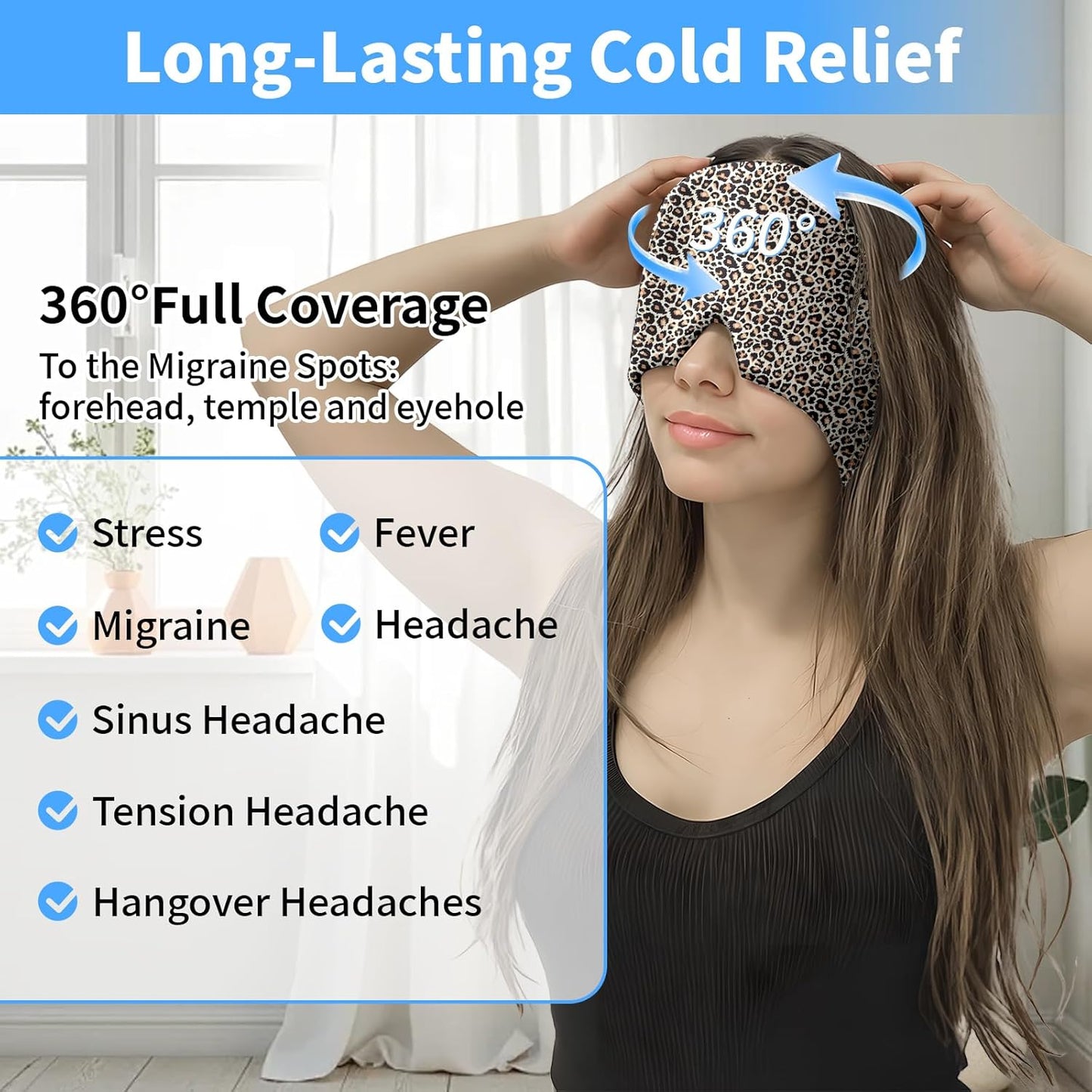 Migraine Relief Cap,Headache Relieve Cap,Leopard Print Reusable Gel Ice Head Wrap Cap for Tension,Stress,Hangover & Puffy Eyes.