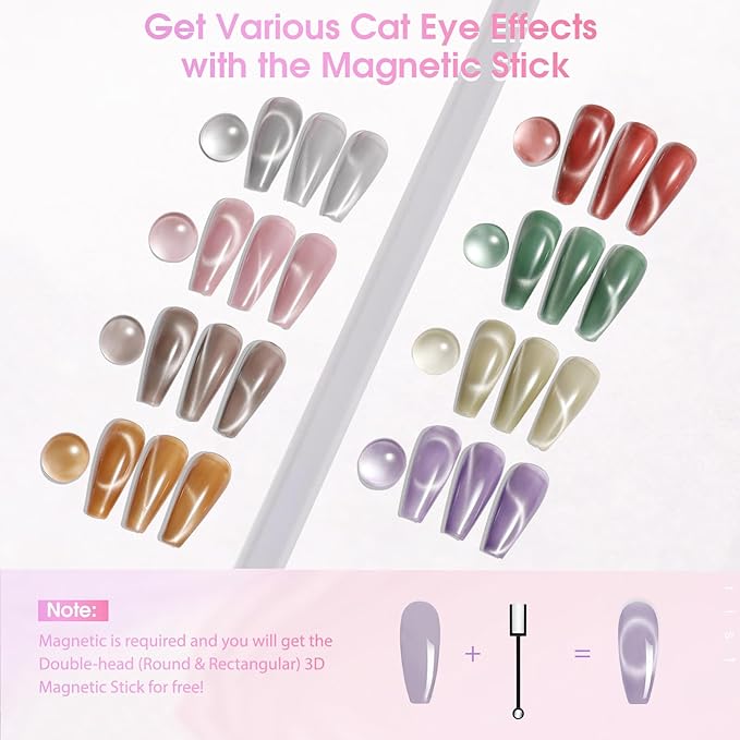 ROSALIND Cat Eye Gel Nail Polish, 8 Color Jelly Gel Polish with Magnet Stick Magnetic Cateye Translucent Effect Sheer Glitter Collection Manicure Gifts for Women