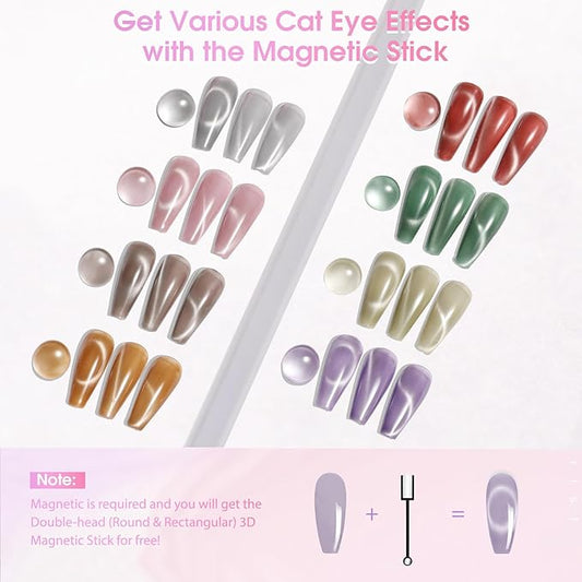 ROSALIND Cat Eye Gel Nail Polish, 8 Color Jelly Gel Polish with Magnet Stick Magnetic Cateye Translucent Effect Sheer Glitter Collection Manicure Gifts for Women
