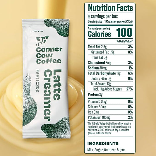 Copper Cow Coffee Sweetened Condensed Milk Coffee Creamer Singles (8 pack) | Vietnamese Inspired Coffee Creamer, All Natural Creamer Packets for Pour Overs & Lattes | No Refrigeration Needed
