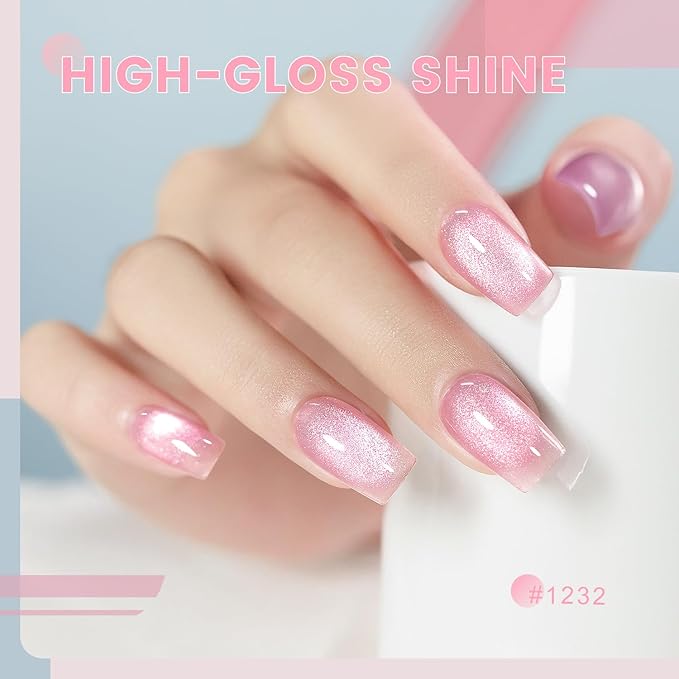 RARJSM Glass Jelly Cat Eye Gel Nail Polish Set 6pcs Reflective Sparkly Diamond Glitter Nude Pink Lake Blue Green Purple Clear Cateye Gelpolish with Magnet Stick 7.5ml Curing Requires for Home Salon