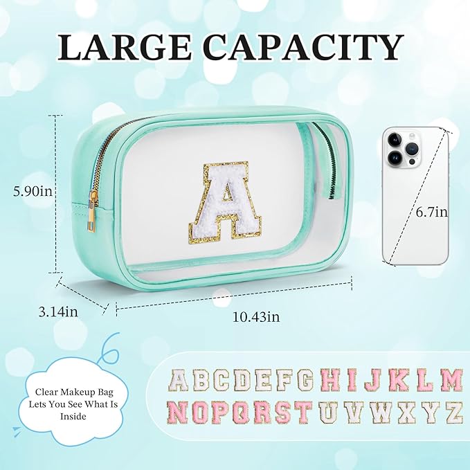 YOOLIFE Initial Travel Toiletry Bag, Clear Makeup Bag Preppy Cosmetic Bags Organizer Travel Essentials Gifts for Women Teen Girlfriend Teacher Mom Birthday Clear Makeup Bags With Zipper Blue I