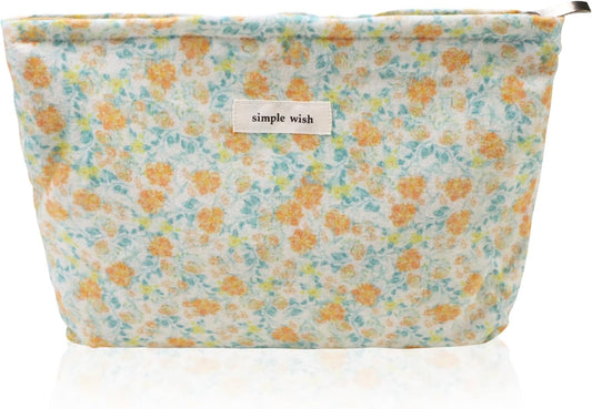 Wudygirl Aesthetic Cosmetic Bag Travel Toiletry Bag Makeup Bag Canvas Makeup Pouch Toiletry Bag for Women Large Capacity Makeup Bag Floral Pencil Pouch with Zipper (Yellow Floral)