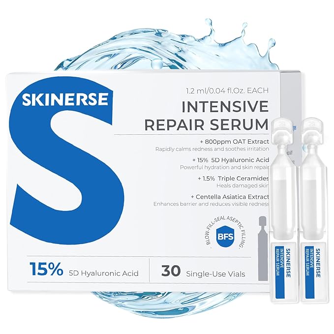 Intensive Repair Serum, 15%Hyaluronic Acid for Sensitive Skin Anti Aging Ultra Hydrating Serum for Face Calming Barrier Repair Redness Relief with Ceramides Centella 30Vials Daily Travel Care