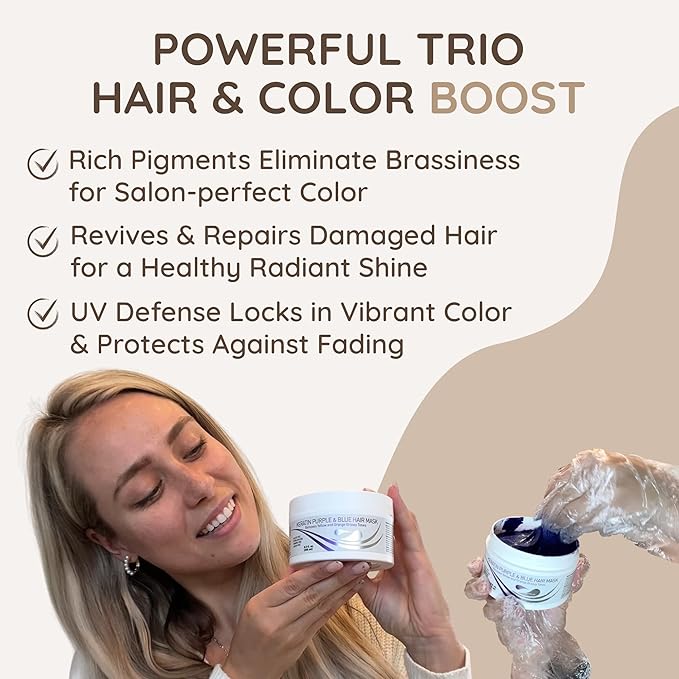 VITAMINS hair cosmetics Keratin Purple Hair Mask - Violet Blue Protein Deep Conditioner Treatment - Toner for Blonde Platinum Silver Gray Ash or Brown Colored Dry and Damaged Brassy Hair