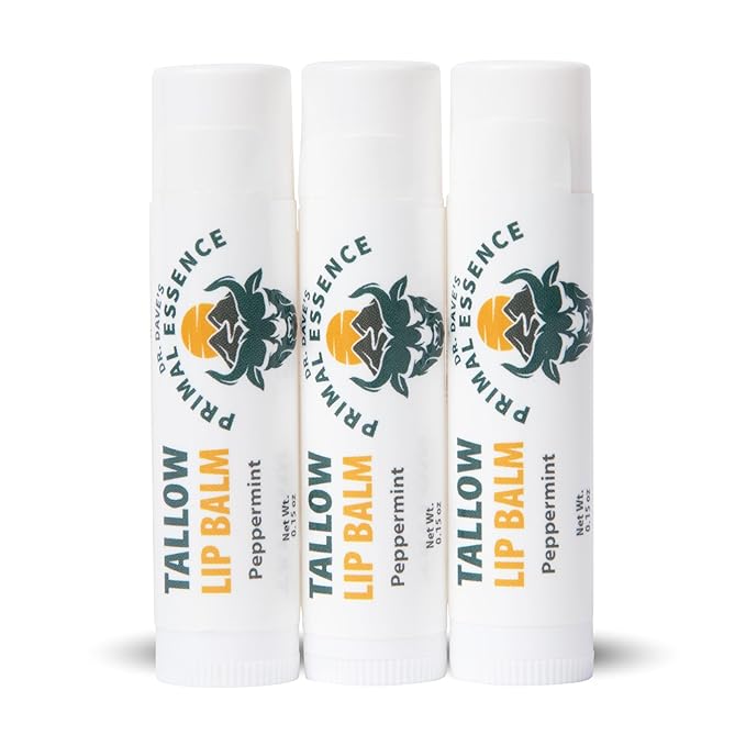 Moisturizing Tallow Lip Balm – Grass-Fed Beef Tallow with Organic Coconut Oil, Beeswax, and Vitamin E – Peppermint – Lip Balm Set – Travel Essential – 3-Pack