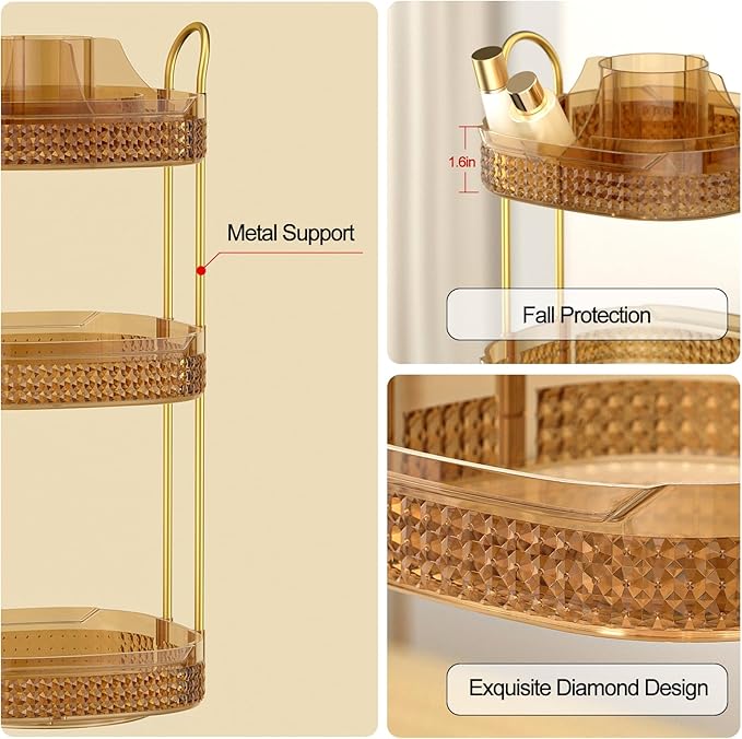 Rotating Makeup Organizer for Vanity 3 Tier, Perfume Organizer with Makeup Brush Holder, Large Capacity Cosmetics Clear Skincare Organizer for Countertop (Pink)