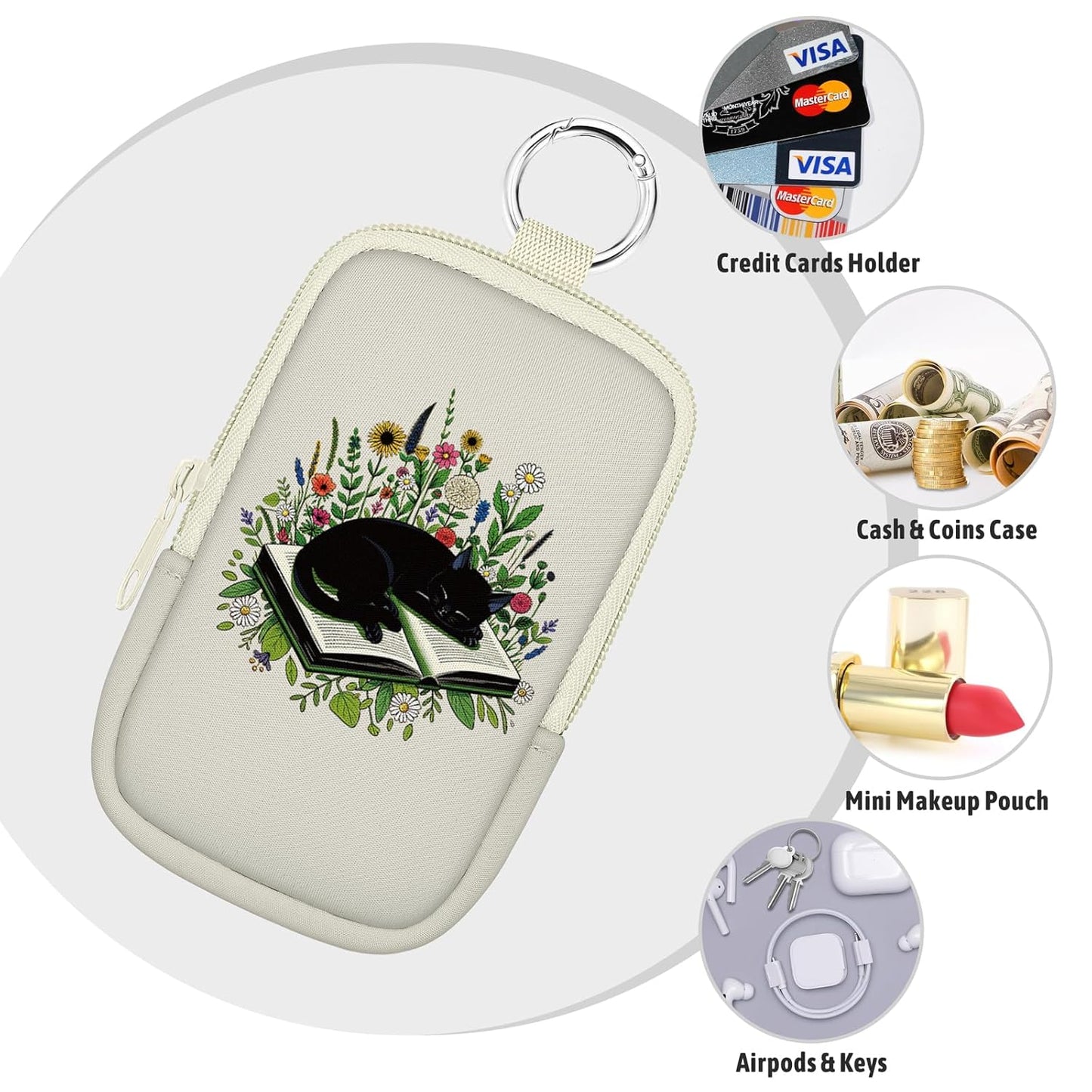 Cute Black Cat Book Hand Sanitizer Spray Case, Hand Sanitizer Holder Zippered Pouch, Cute Fashion Accessory with Snap Hook for Glow Mist and Power Mist 1FL OZ