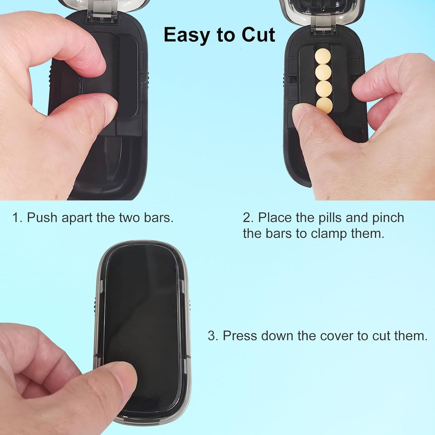 Pill Cutter for Cutting Multiple Pills, 1/2 1/4 Pill Splitter for Large, Small and Tiny Pills, with Centering Device, Improved Sharp Blade, Storage Organizer (Black)
