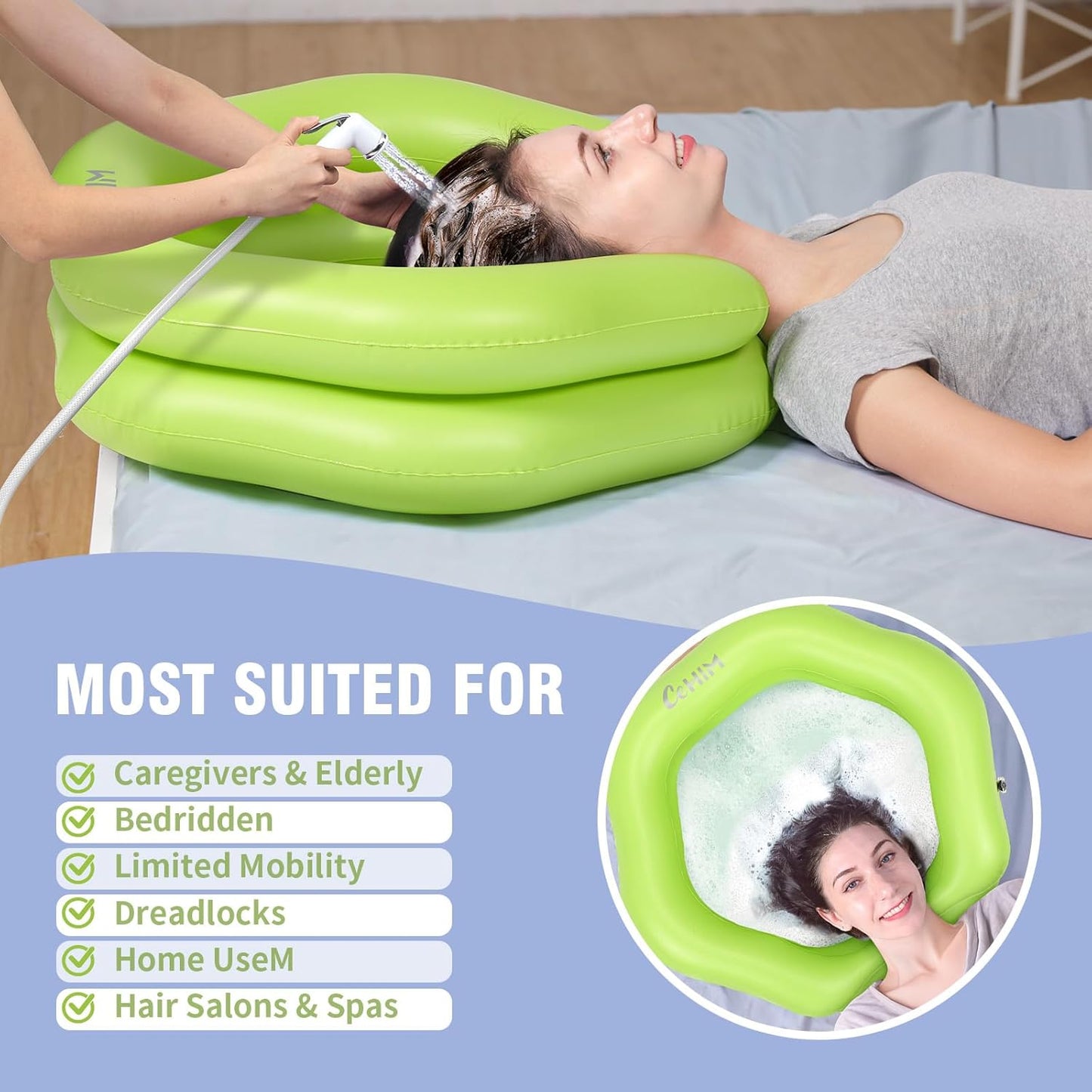 Inflatable Shampoo Basin for Bedridden, Elderly & Disabled - Petal-Shape Large Size, 360° Neck Support, Central Drain Hole with Pull Ring | Leak-Proof PVC Portable Hair Washing Bowl (Green)