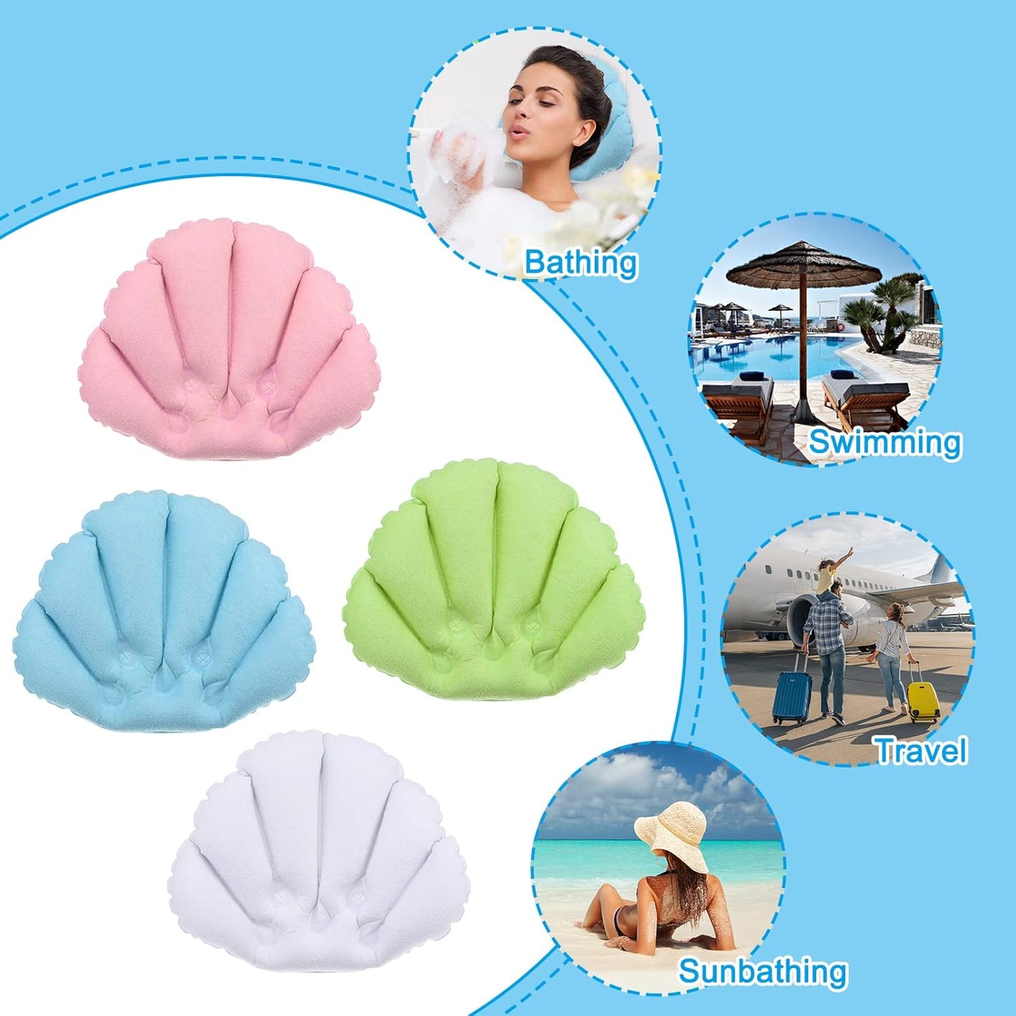 PATIKIL Inflatable Bath Pillow with Suction Cups, 2 Pack Terry Cloth Covered Shell Shape Bathtub Spa Pillow Neck Support for Bathtub Hot Tub, Blue