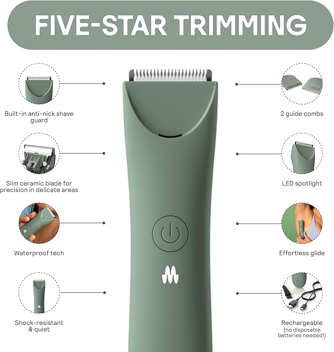 MERIDIAN Slimmer Trimmer – Electric Razor for Women, Bikini Line & Pubic Hair Trimmer, Rechargeable & Waterproof, Painless, Flawless Shave for Sensitive Skin, Gentle, Quiet & Travel-Friendly, Sage