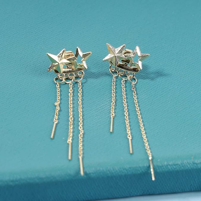 Boho Star Ear Jacket Earrings Gold Thin Bar Tassel Earrings Long Drop Chain Earrings Two Way Double Sided Earrings Jewelry for Women and Girls