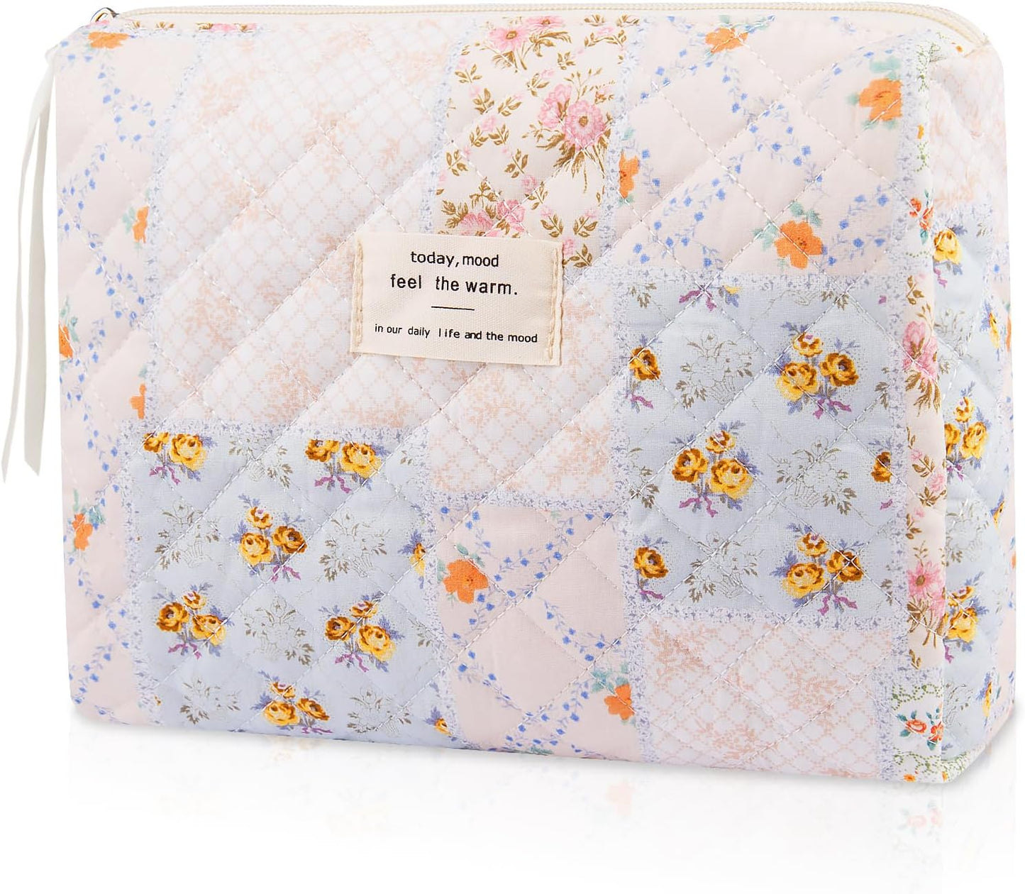 Floral Makeup Bag, Small Cosmetic Bag for Women Girls, Cute Cotton Makeup Bag, Quilted Makeup Bags, Flower Travel Toiletry Organizer Bag(Folk Style)