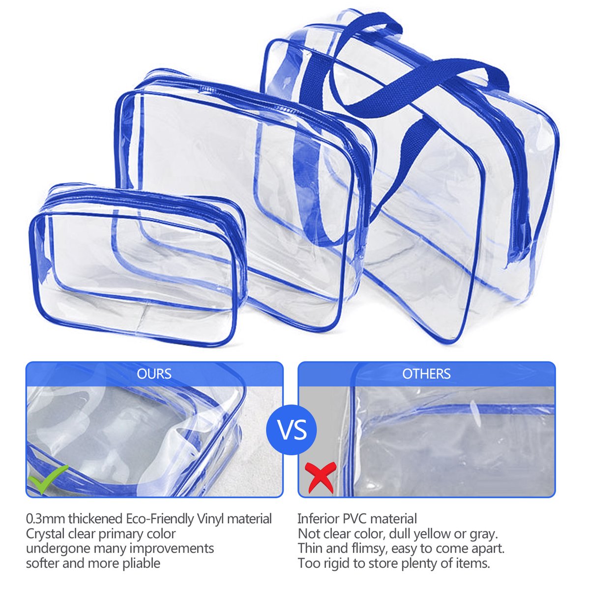 3Pcs Crystal Clear PVC Travel Toiletry Bag Kit for Women Men, Waterproof Vinyl Organizer Clear Makeup Bags with Zipper Handle Straps, Cosmetic Bag Pouch Carry on Airport Airline Compliant Bag Handbag