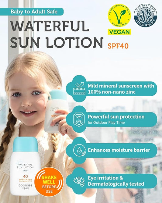 Waterful Sun Lotion Mild SPF 40 - Zinc Oxide Water Resistant Mineral Sunscreen for Babies, Kids & Adults - Hypoallergenic, Vegan, Reef-Safe - Korean Sun Care for Sensitive Skin, 2.82 fl.oz.