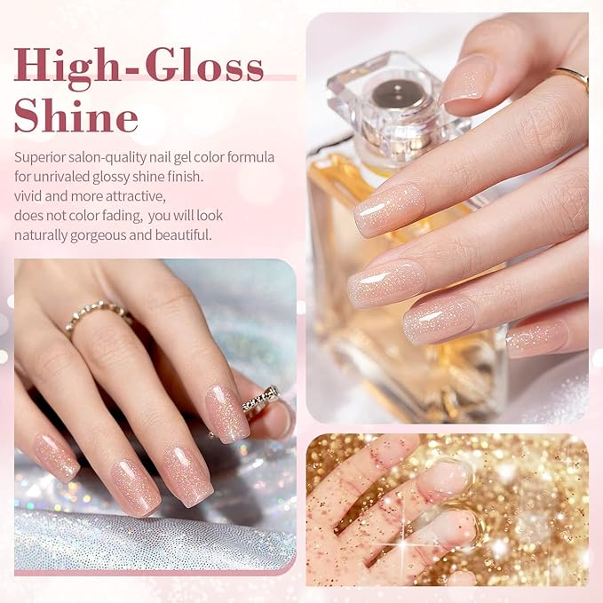 RARJSM Glitter Gel Nail Polish Nude Gel Polish 6pcs Set Shimmery Jelly Nail Gel Polish Iridescent Sparkly Pale Pink Purple Apricot Beige Translucent Natural Skin Tone Color 7.5ml Soak off UV LED Cured