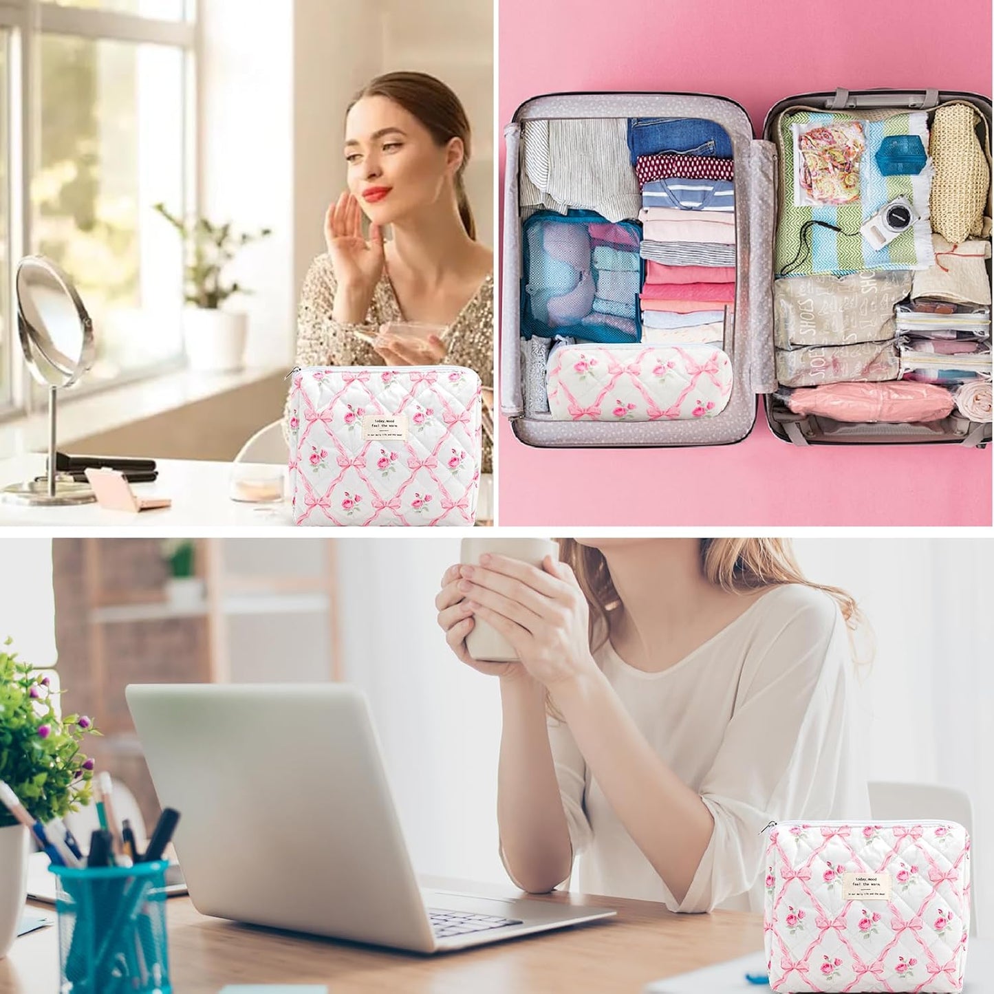 2Pcs Quilted Cotton Makeup Bag Large Travel Makeup Pouch Small Brush Holder Set for Women Cute Floral Coquette Makeup Bag Aesthetic Cosmetic Bag Pink Bow Toiletry Organizer Storage Bag Zipper Pouch