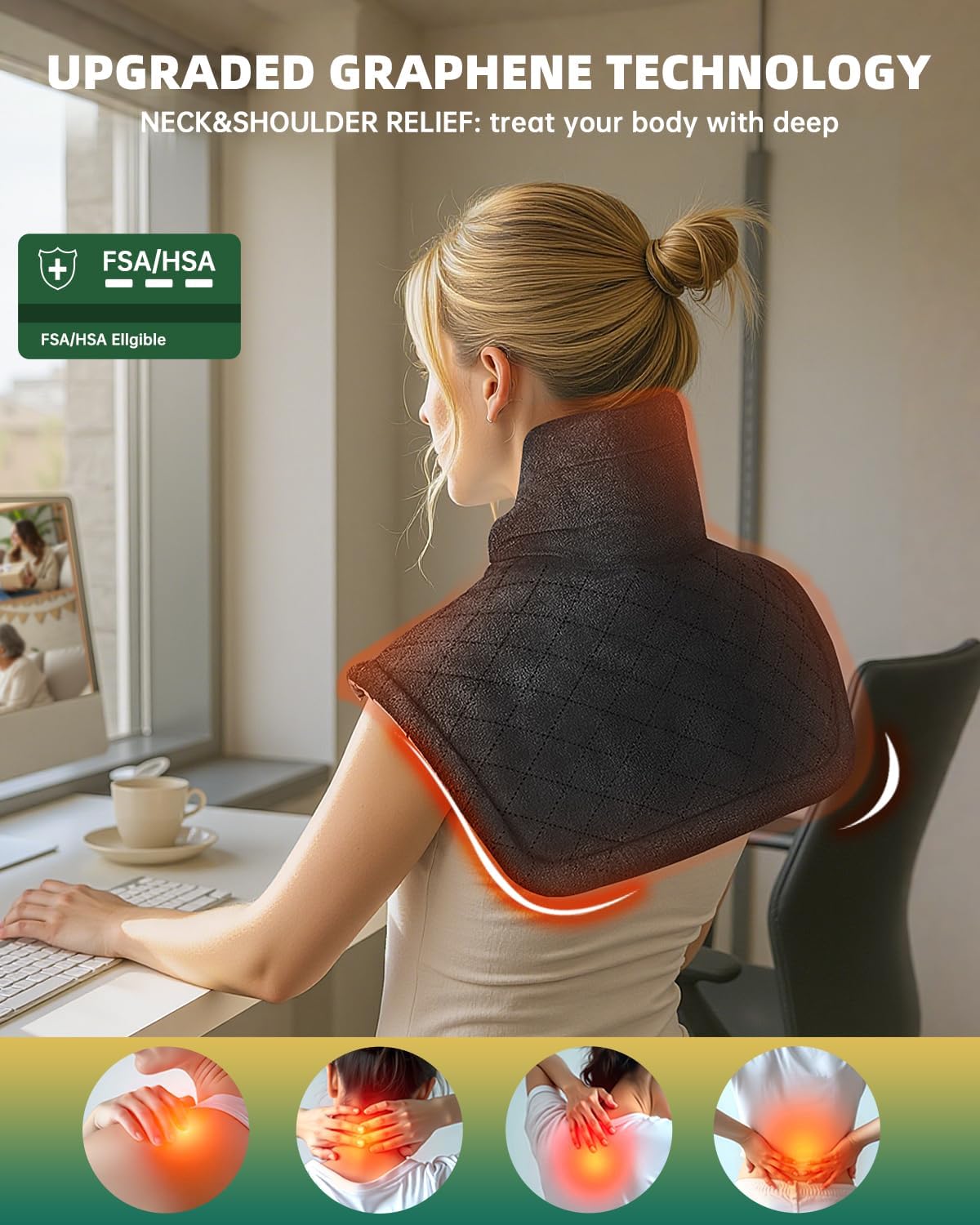 Graphene-Infused Heating Pad for Neck and Shoulders and Back Pain Relief,Upgraded Weighted 3X Deeper Heat Therapy Wrap with 6 Temperature Settings & 4 Auto-Off Timers,Large Heated Wrap, 23"x19"