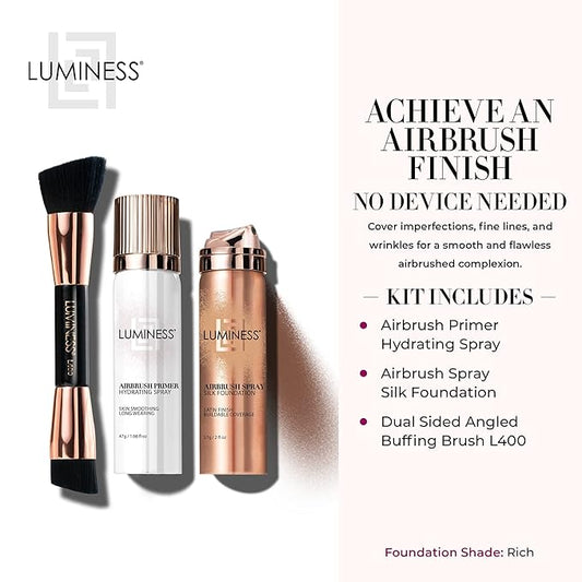 LUMINESS Airbrush Spray Silk Foundation Starter Kit - Rich - Foundation, Primer & Dual-Sided Angled Buffing Brush - Medium, Buildable Coverage, Anti-Aging Formula Hydrates & Moisturizes